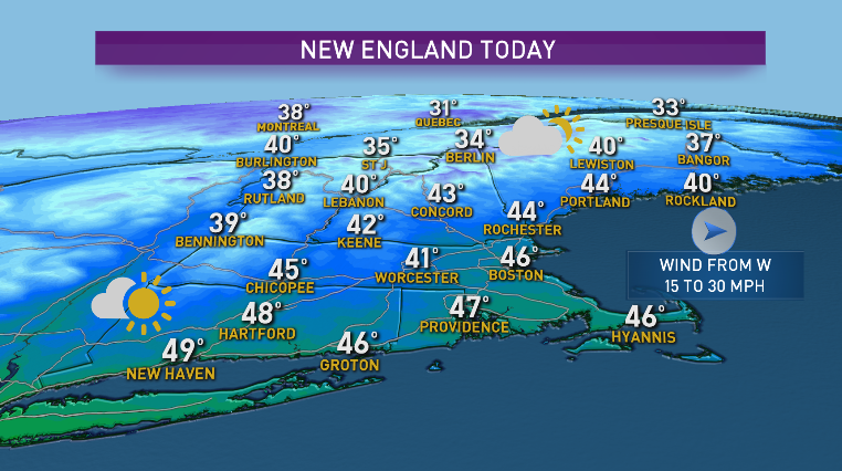 DeniseWX's tweet photo. Good morning! As of 9am, wind chills are in the teens north to around 30 south. Completely unacceptable #MotherNature! Highs today will be 10-15 degrees cooler than average. Bundle up! At least it stays mostly dry. @NECN #ChillyWednesday https://t.co/zioVypZEJg