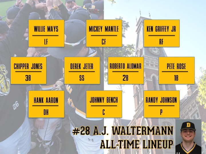 DePauw Baseball (@depauwbaseball) on Twitter photo Your Wednesday All-Time Lineup brought to you by number 28, A.J. Waltermann! #TeamDePauw <a href="/DePauwAthletics/">DePauw Tigers</a> Your Wednesday All-Time Lineup brought to you by number 28, A.J. Waltermann! #TeamDePauw <a href="/DePauwAthletics/">DePauw Tigers</a>
