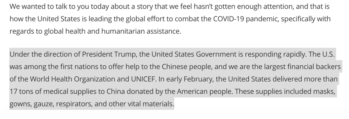 5/ In fact the  @StateDept said that this action specifically happened "under the direction of  @realDonaldTrump”LINK:  https://www.state.gov/briefing-with-usaid-deputy-administrator-bonnie-glick-and-director-of-u-s-foreign-assistance-resources-james-l-richardson-on-u-s-foreign-assistance-in-response-to-covid-19/