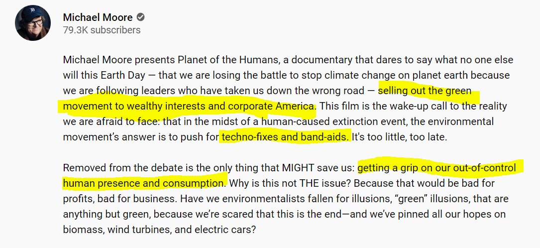 2/ The YouTube write-up is an accurate summary of the movie's argument. The misanthropy inherent in the phrase "out-of-control human presence" is ... revealing. 