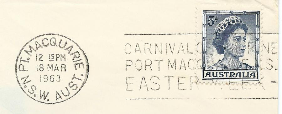 Australian Short-Term Slogan Cancels for April #5CARNIVAL OF THE PINESPORT MACQUARIE N.S.W.EASTER WEEKUsed at  #PortMacquarie from 1959 to 1967, from what appears to be a single die throughout.Period of usage: 11 Mar - 11 Apr 1963. #philately  #SloganCancel  #Marcophily