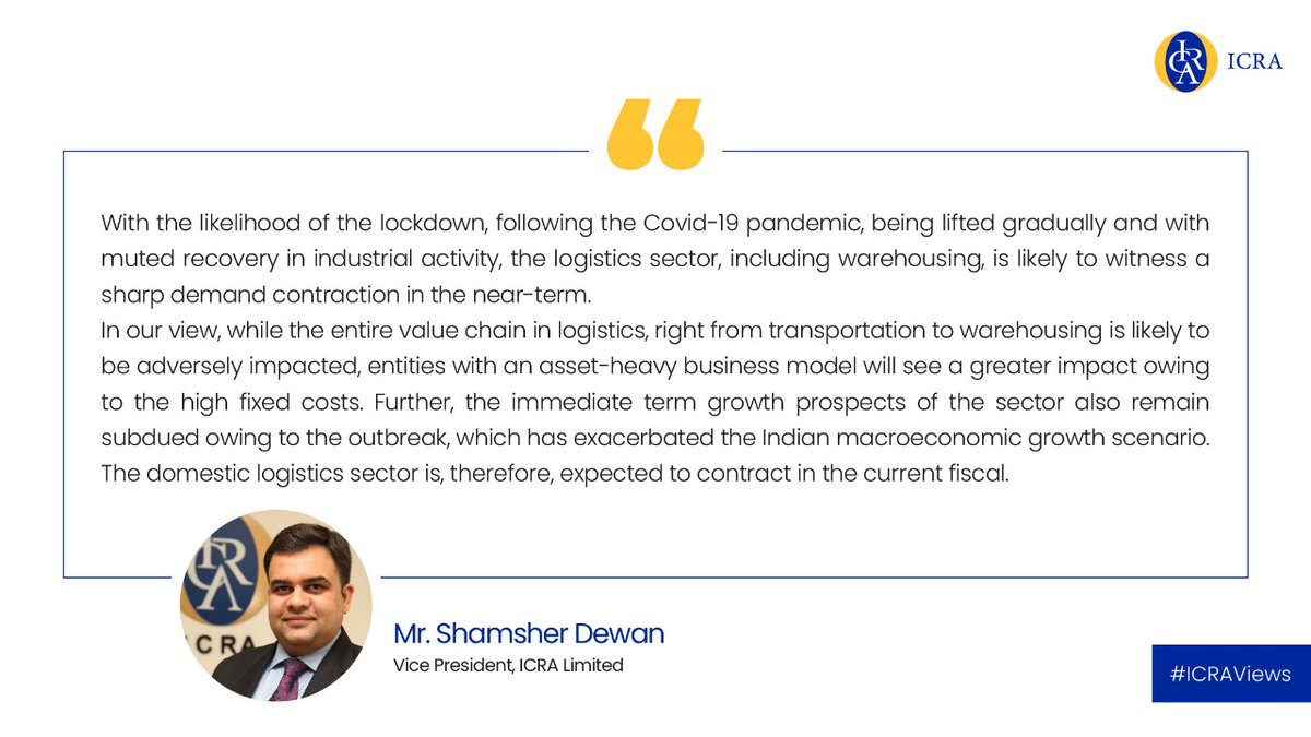 ICRALimited's tweet image. Mr. Shamsher Dewan, Vice President, ICRA, shares his views on the impact of lockdown on the supply chain and logistic sector.

#ICRAViews #SupplyChain #LogisticSector #Lockdown #Coronavirus #Covid19