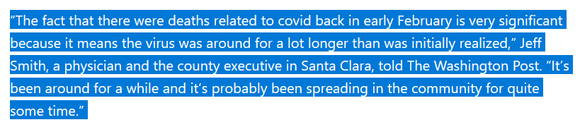 The next reason may not be immediately obvious to the WAPO writer, who seems focused on reason 1. But catch the quote in the article from the Santa Clara physician and county exec. His mind's wheels are turning: "...it's been around for *a lot longer* than we realized..." /3