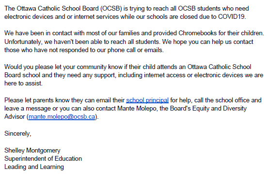 CRCRR_RRCRC's tweet photo. ATTENTION PARENTS: @OttCatholicSB The Ottawa Catholic School Board (OCSB) is trying to reach all OCSB students who need electronic devices and or internet services while our schools are closed due to COVID19. https://t.co/ek3iJVQW3E