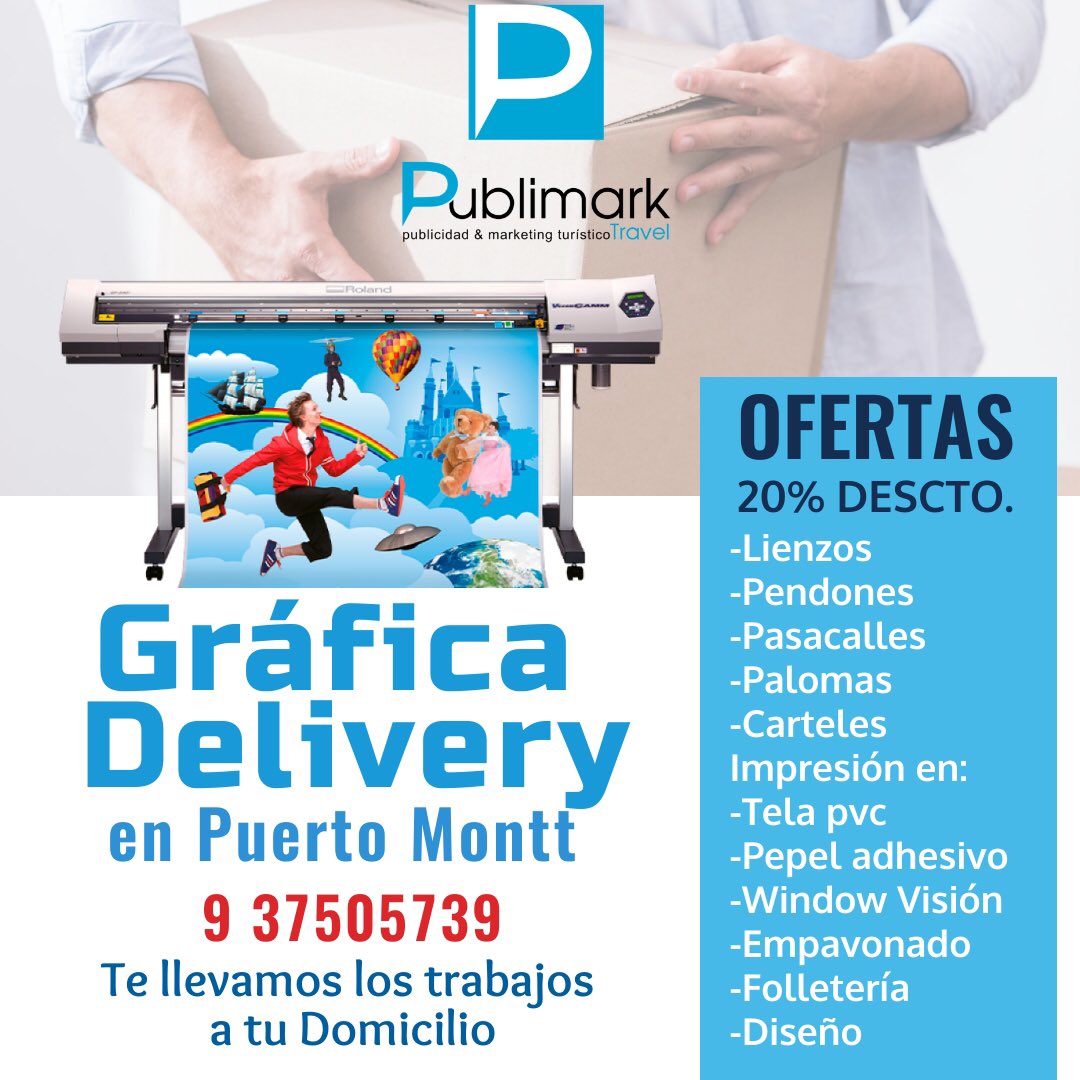 Haz tu pedido de impresiones en papel adhesivo, tela pvc, etiquetas troqueladas, window vision, pendones, carteles y diseño gráfico a: info@publimarktravel.com
O llámanos al: 9 3750 5739
Entrega a domicilio en Puerto Montt y alrededores.
Descuento especial para diseñadores.