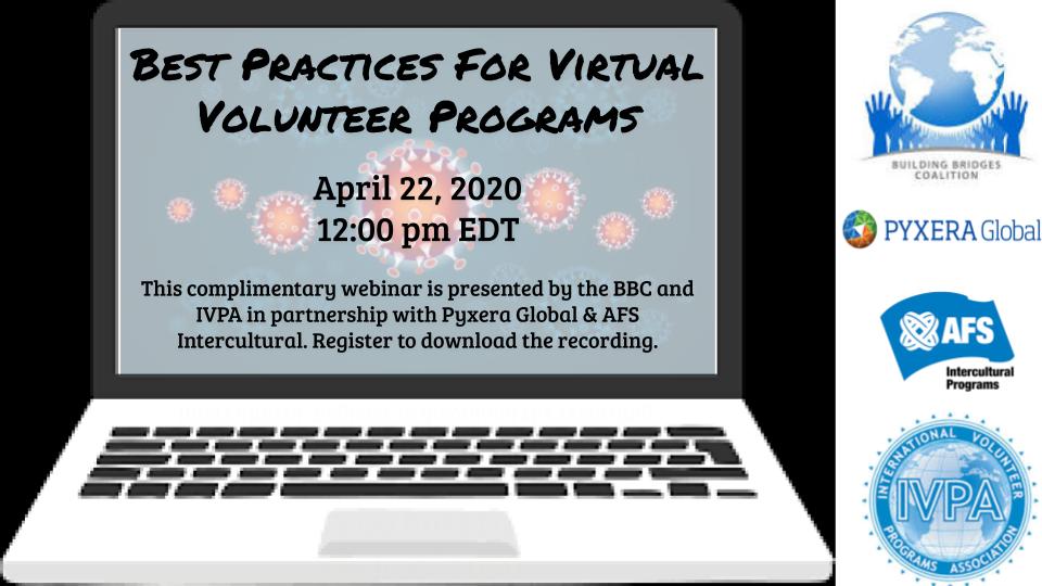 BBCoalition's tweet photo. Starting in less than three hours! BBC and @IVPA present a webinar on Best Practices for Virtual Volunteering with @PYXERAGlobal and @AFS. Register at https://t.co/QZaMgzIbbQ https://t.co/pTUS9oHSZO