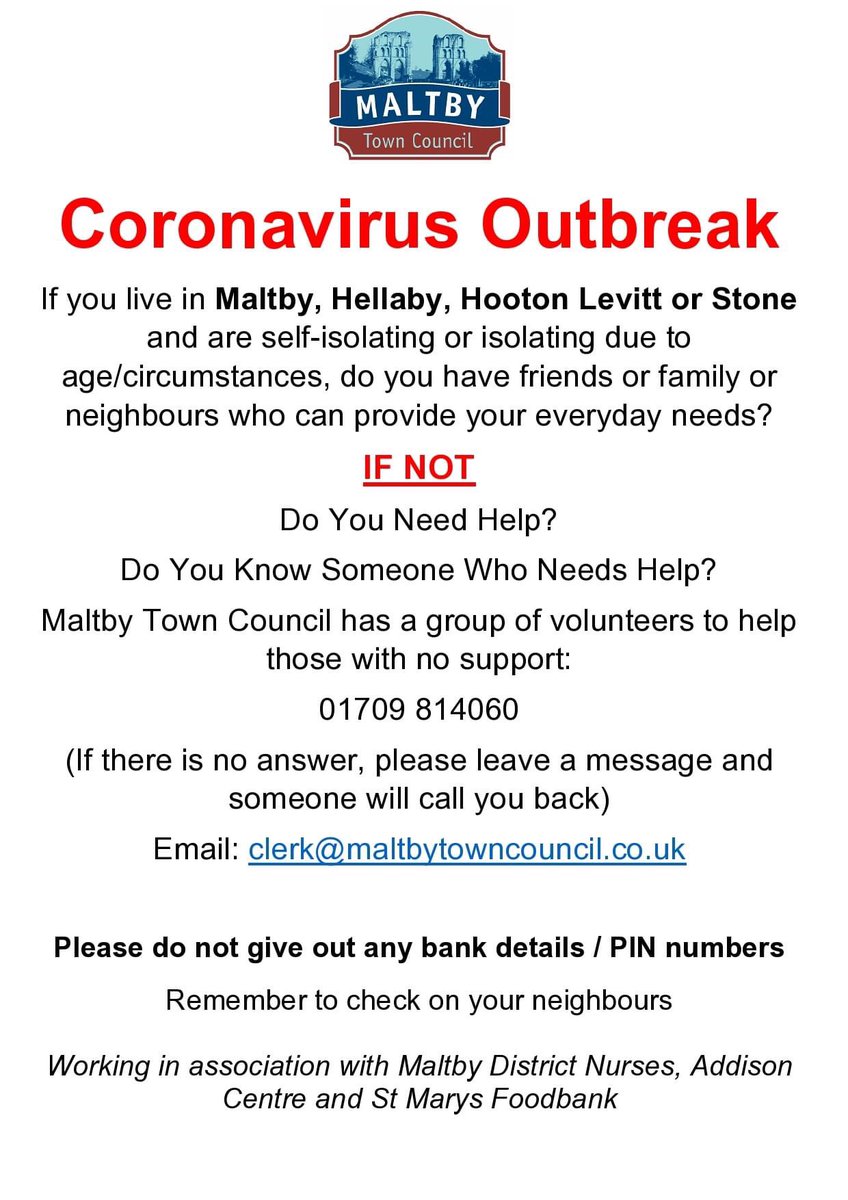 We have received several rather distressing calls today from residents who are in need. If you have elderly/vulnerable neighbours and are unable to check on them please give us a call and let us know. #community #maltby #neighbours #vulnerable #help