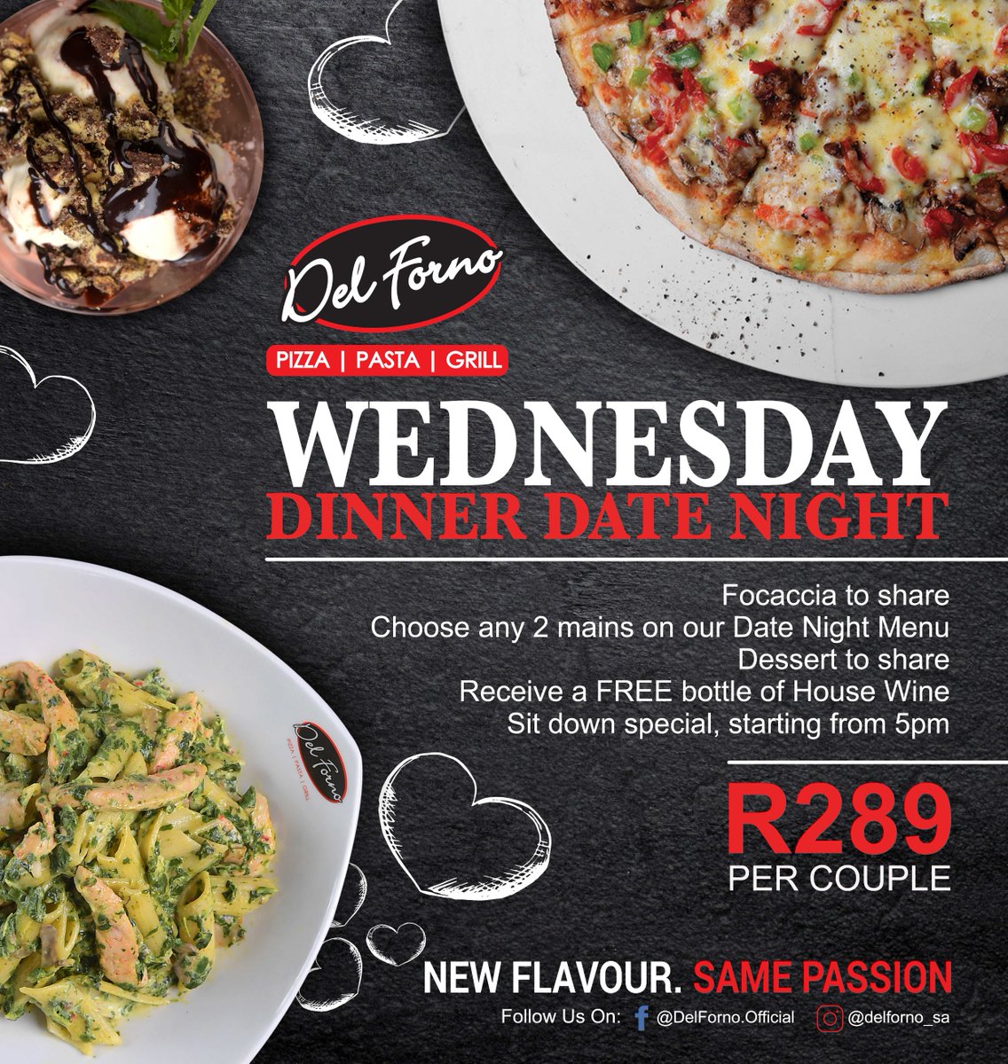 DelForno_SA's tweet photo. We can't wait for these Wednesday evenings to kick in again.π Soon soon, you can spoil your loved one to a delicious romantic dinner.π₯°
Menu: https://t.co/aXEZm02cHu
#DelForno #Pizza #Pasta #Grill #APassionForGoodFood https://t.co/iyjB3dwIYj