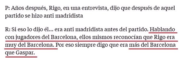 En 2014, dans une interview pour EFE, Pirri alors massacré impunément et clavicule cassée (il mit bcp de temps à s'en remettre mais ne retrouvera jamais sa pleine puissance) explique que Antonio Rigo était "plus pro  @fcbarcelona que Gaspart" les chalets de Antonio Camacho à