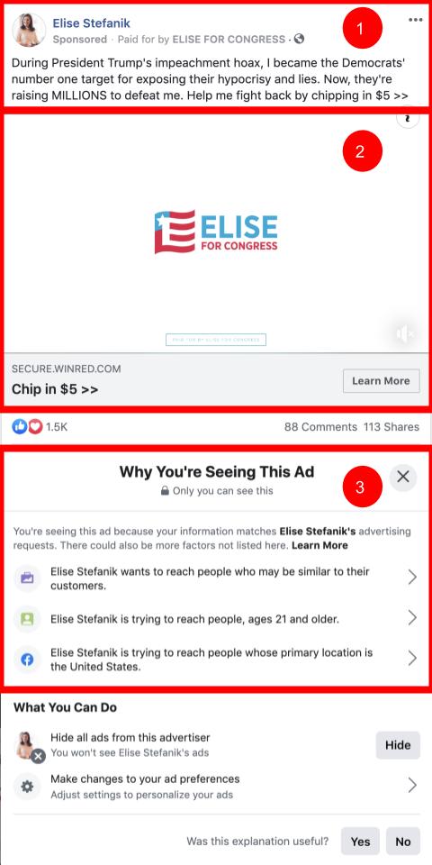 We collect just the ad and FB’s explanation of how it was targeted — like in the picture. You won’t be sending us your name, your phone number, your photos or your friends’ posts. Your personal information is totally safe.