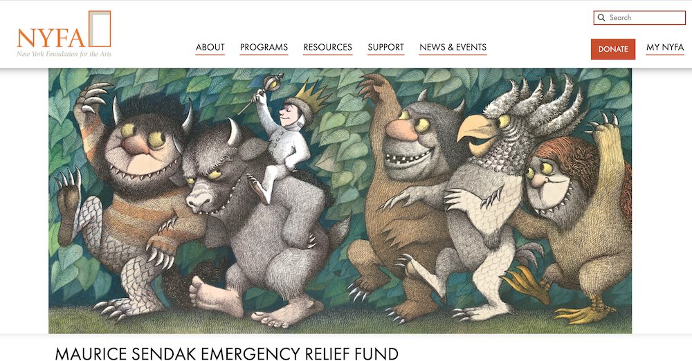 NoMAAarts's tweet photo. MAURICE SENDAK EMERGENCY RELIEF FUND
The program will distribute unrestricted grants, up to $2,500 apiece, to children's picture book artists and writers.
@nyfacurrent 

https://t.co/DIT0t00mwh https://t.co/dS1UpKYO60