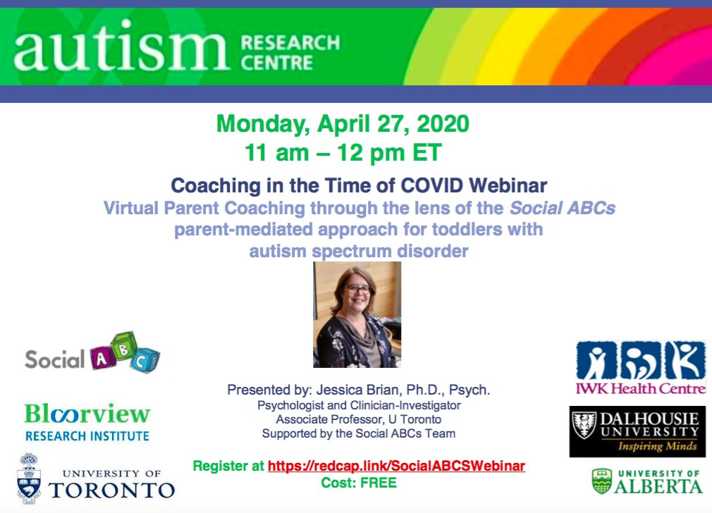 We are pleased to invite practitioners to join <a href="/jessbrianphd/">Dr. Jessica Brian 🇨🇦</a> and the Social ABCs Team on #Zoom for a #FREE webinar scheduled for Monday, April 27th from 11:00 - 12:00. Link to register: redcap.link/SocialABCSWebi… 
<a href="/HBKidsHospital/">Holland Bloorview</a> <a href="/UofTNews/">U of T News</a> <a href="/DalhousieU/">Dalhousie University</a> <a href="/UAIberta/">UniversityOfAlberta</a> @IWKHealthCentre