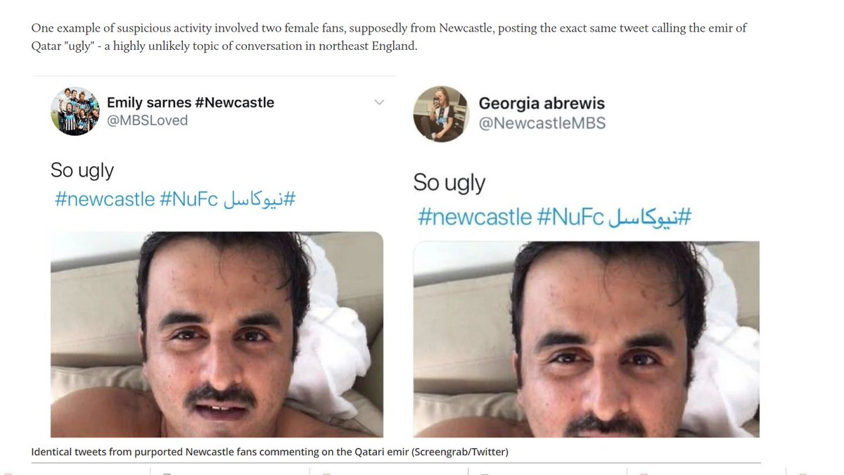 [Thread] 1/ An interesting aspect of this piece is these two accounts. Both young women NUFC fans. One called Georgia Abrewis, the other Emily Sarnes. Both tweeted the same tweet about Qatari Emir Shaykh Tamim with caption "so ugly". Now this is strange for a number of reasons