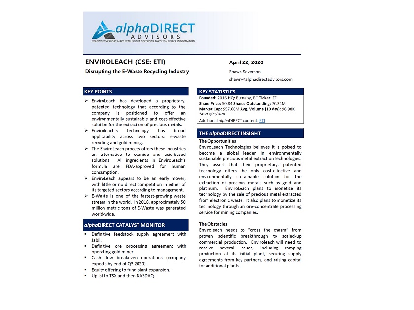 alpha_DIRECT's tweet image. alphaDIRECT Publishes Overview Report on EnviroLeach Technologies (CSE: $ETI) and Its Plans to Change the Electronic Waste Industry #microcaps #smallcapinvesting
#cleanenergy  alphadirectadvisors.com/emerging-growt…