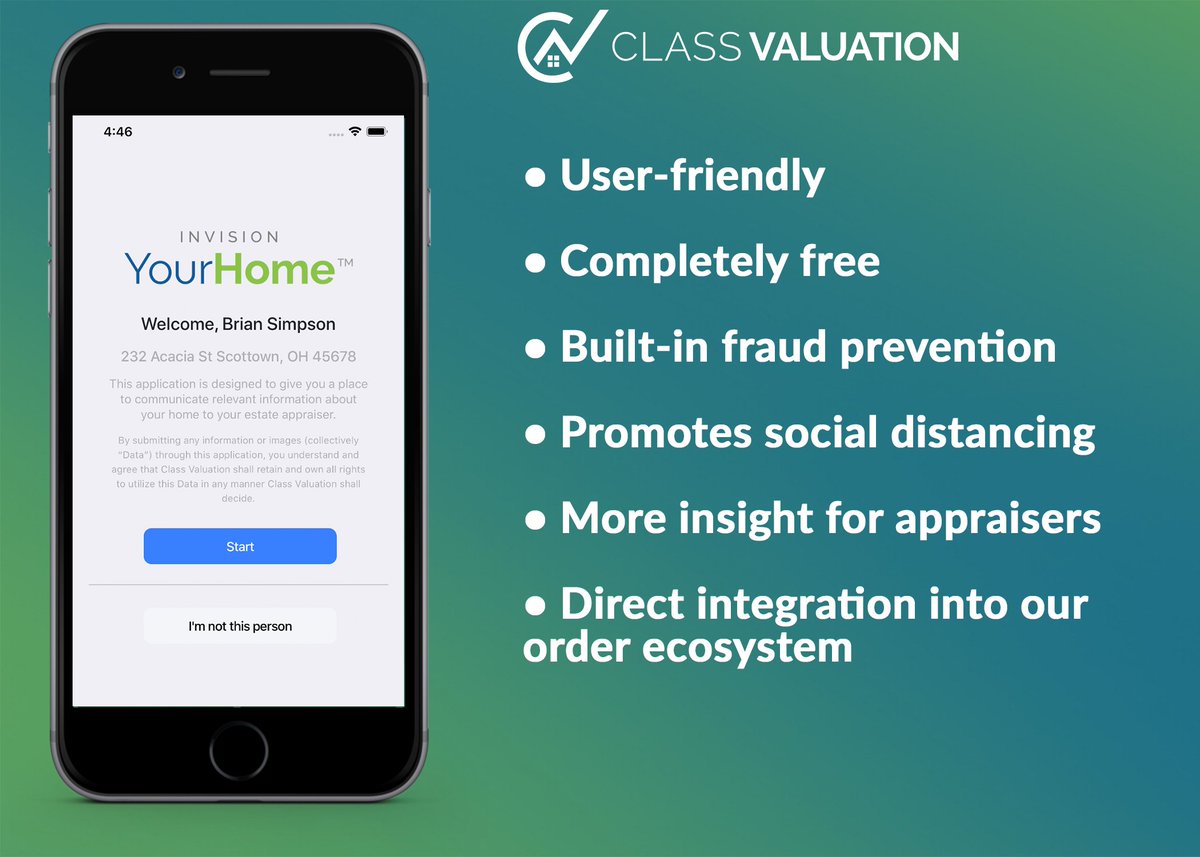 ClassValuation's tweet image. With appraiser and consumer safety in mind, we’ve developed INvision YourHome™, a no-cost application that allows homeowners to share critical property data with appraisers in the wake of COVID-19. Learn more here: classvaluation.com/yourhomeapp #appraisers #covid19 #mortgage #brokers