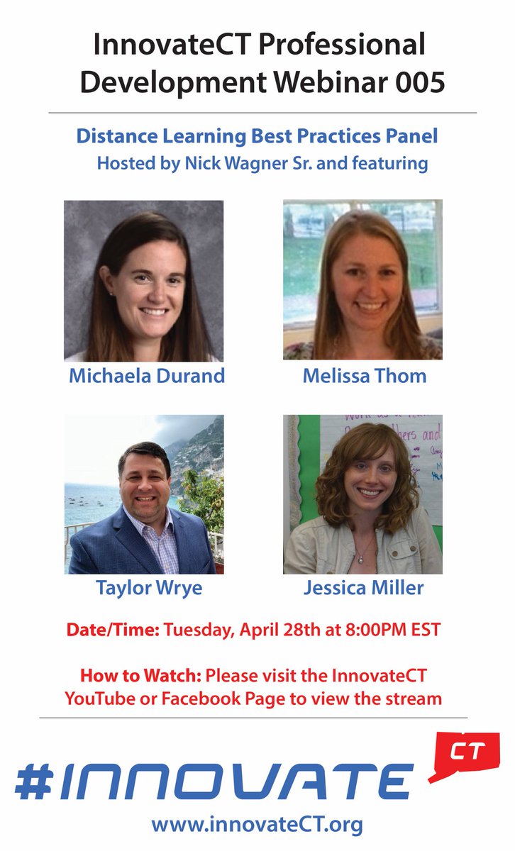 InnovateCT's tweet photo. Tuesday, 4/28 at 8PM EST, please join me and four amazing educators discuss distance learning best practices. 

We will be streaming our discussion on the InnovateCT YouTube and Facebook page. 

Please mark your calendars!

#innovateCT #stateofinnovation #educationinCT https://t.co/WY4XuBNuq5