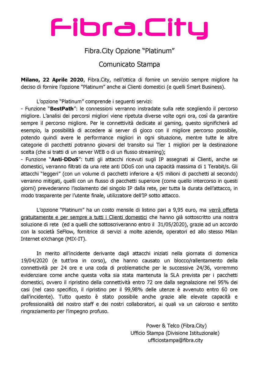 FibraCity's tweet photo. https://t.co/QuWrDNgAE5 Opzione “Platinum”
Comunicato Stampa
Milano, 22 Aprile 2020, https://t.co/QuWrDNgAE5, nell'ottica di fornire un servizio sempre migliore ha deciso di fornire l’opzione “Platinum” anche ai Clienti domestici (e quelli Smart Business).
https://t.co/Hd468rucEr https://t.co/K1gPtu65th