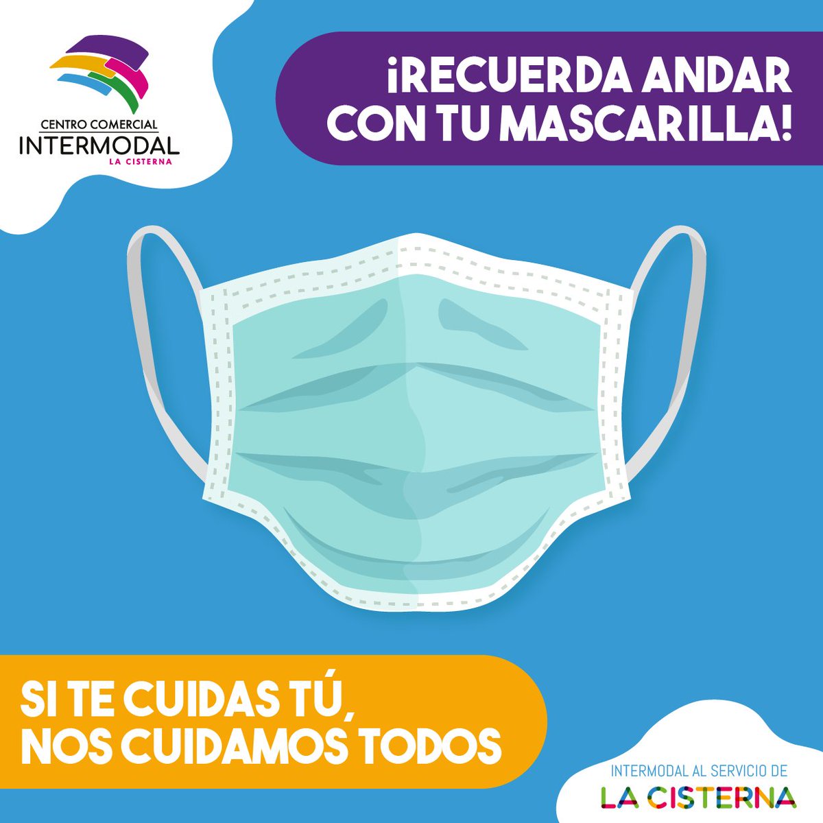 Int_LaCisterna's tweet photo. Recuerda: Si vienes a algún servicio básico que esté abierto en Intermodal #LaCisterna, como supermercados, farmacias, entre otros, debes hacerlo usando tu mascarilla. #NosCuidamosEntreTodos https://t.co/G6l2mTuAVg