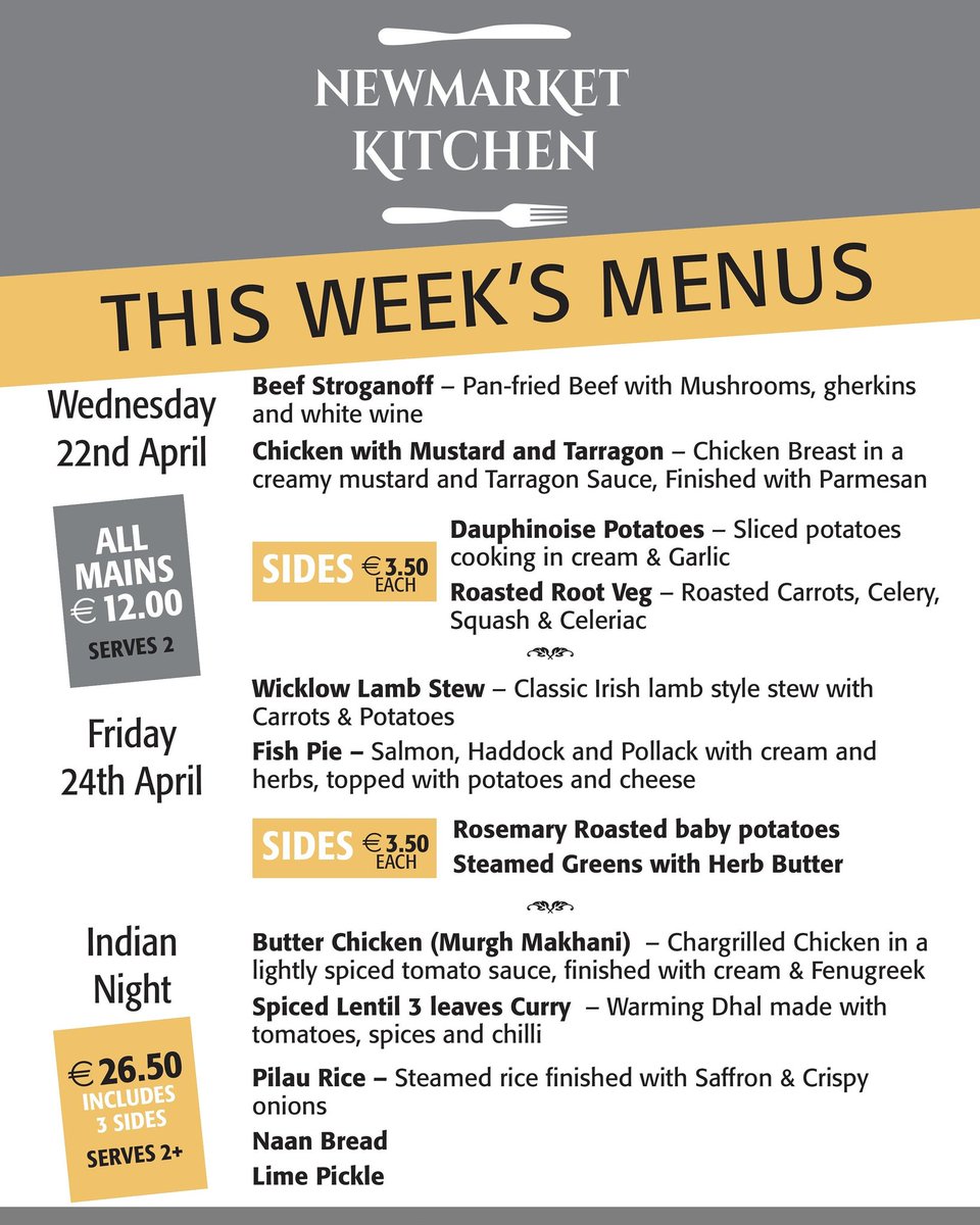 Here's our menu for this week. Best food delivered to your door. Don't take our word for it, check out newmarketkitchen.com for our reviews. #mealsdelivered #takeaway  #bray #dunlaoghaire #FOOD4HEROES #food4cocooners