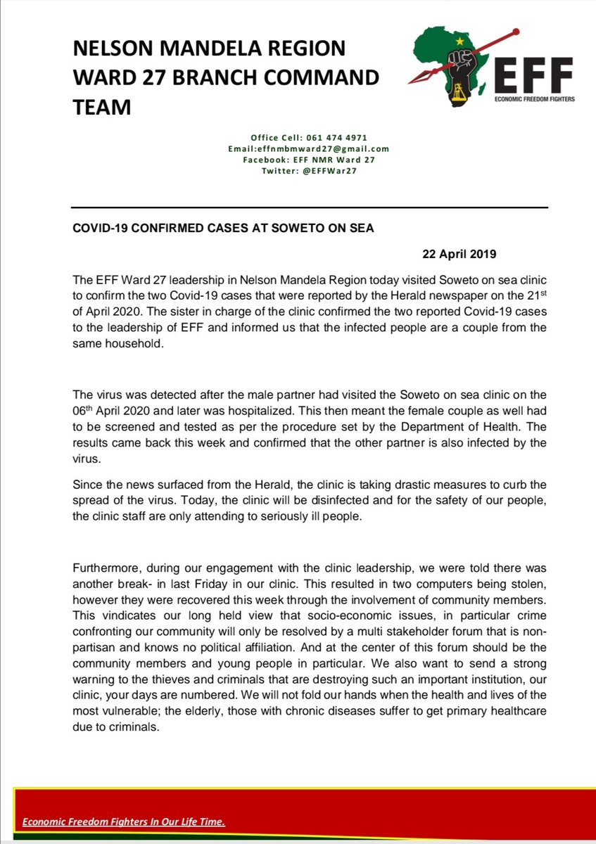 Effward27's tweet photo. @EFFNMR @Effward27 Statement on the Confirmed Cases of Covid-19 at Soweto On Sea. https://t.co/kveXieX731
