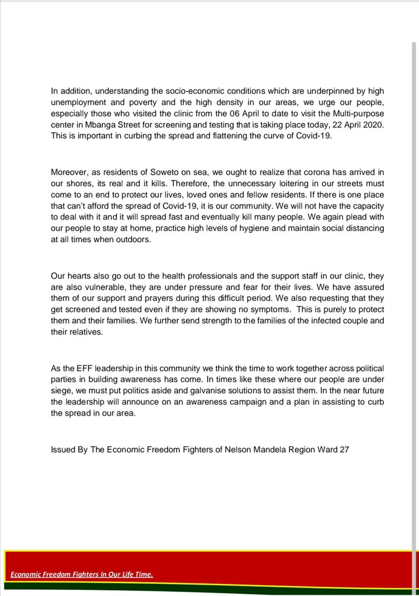 Effward27's tweet photo. @EFFNMR @Effward27 Statement on the Confirmed Cases of Covid-19 at Soweto On Sea. https://t.co/kveXieX731