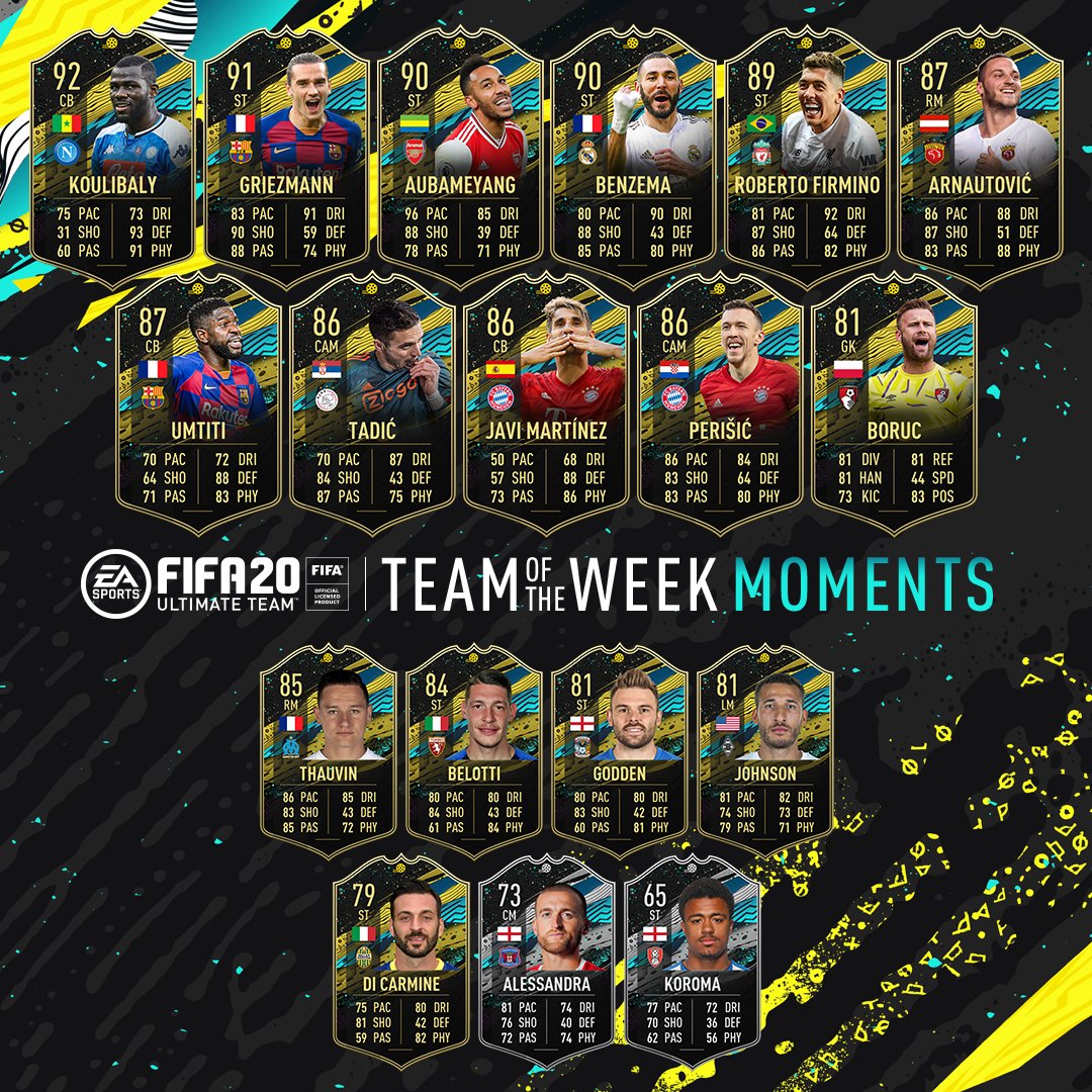 easportsfcit's tweet photo. Quattro top player 90+😱🔥 e molto altro nel nuovo Team of the Week Moments 🙌 Disponibile in-game dalle 19.00 🎮⚽️ #FIFA20 #FUT20 #FUT #TOTWM https://t.co/PXt6ybMGZm