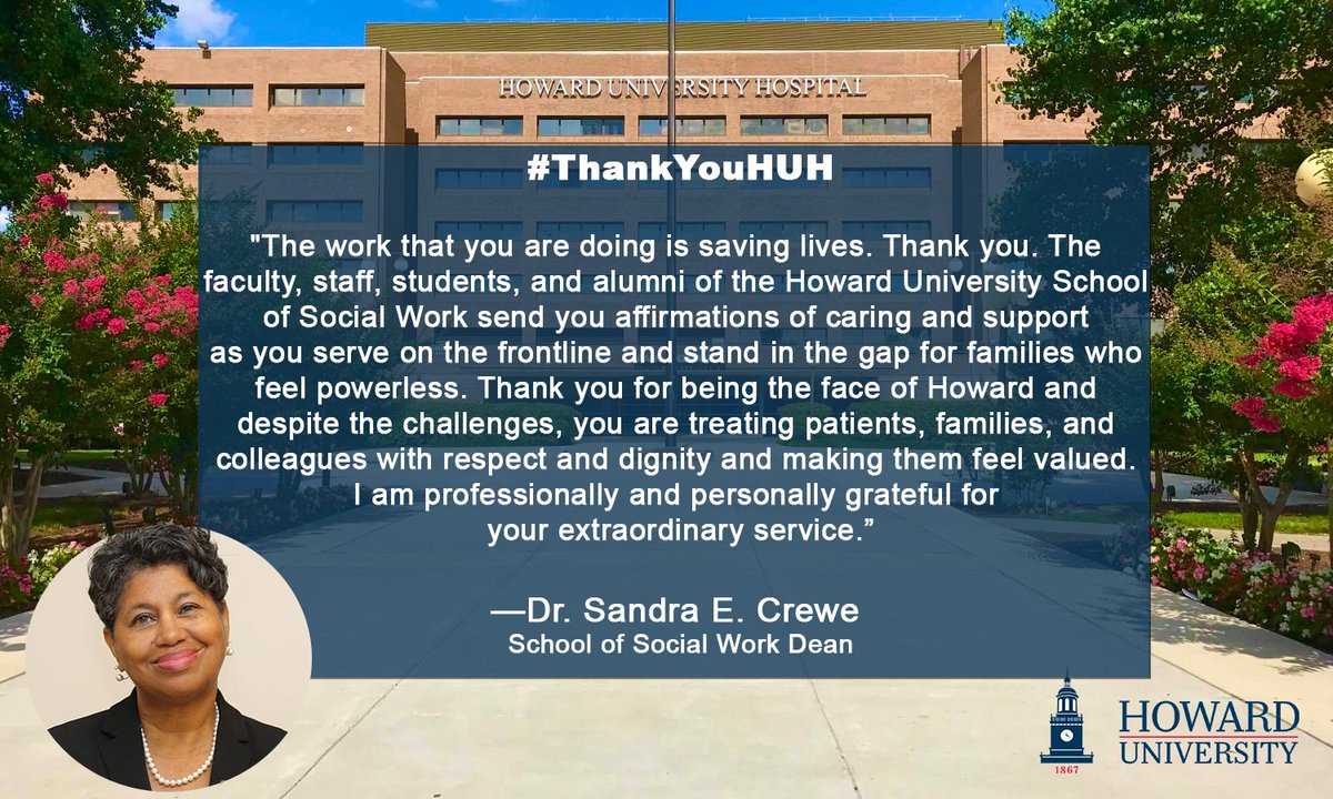 Howard University (@howardu) on Twitter photo Thank you! <a href="/HowardU_SWDean/">Dean Sandra E. Crewe</a>, Sandra Crewe would like to pause to thank everyone working at Howard University Hospital in the battle against COVID19. We appreciate every frontline worker and we recognize the daily sacrifices that are made to keep the DC community safe. #ThankYouHUH Thank you! <a href="/HowardU_SWDean/">Dean Sandra E. Crewe</a>, Sandra Crewe would like to pause to thank everyone working at Howard University Hospital in the battle against COVID19. We appreciate every frontline worker and we recognize the daily sacrifices that are made to keep the DC community safe. #ThankYouHUH