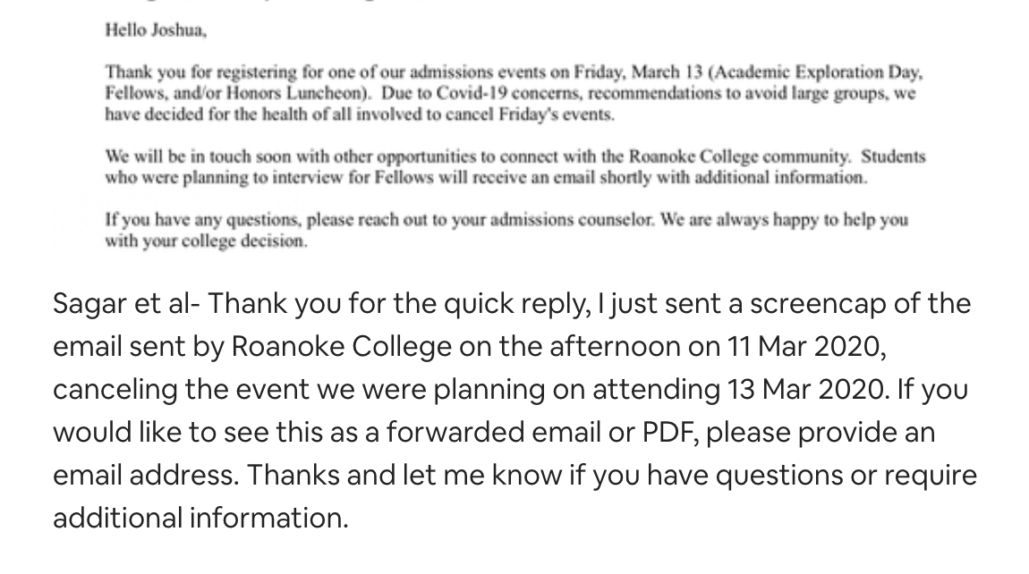Here is that supporting documentation in the form of a (cropped) email from Roanoke College in the afternoon of 11 Mar 2020, two days after I made the reservation and one day before our stay.