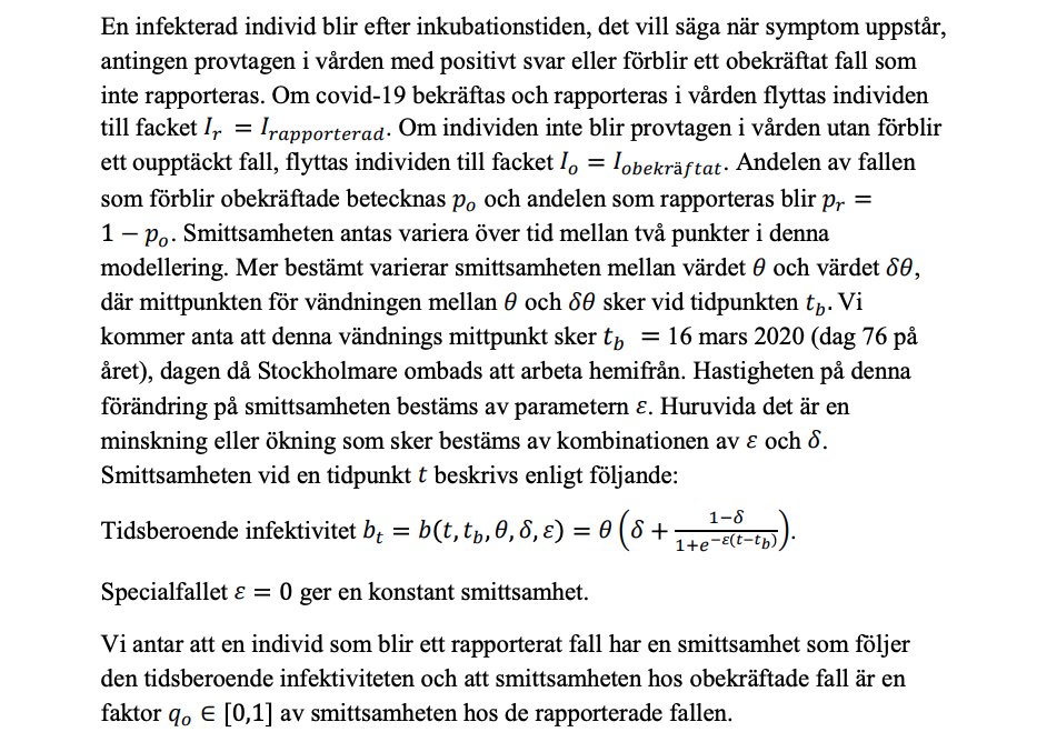 4/ The contagiousness of the virus at a given time (b_t) is treated as variable, starting at an initial value of 𝜽 and later stabilizing at 𝛿𝜽, with an assumed inflection point at March 16th, which is when Stockholm residents were asked to work remotely.