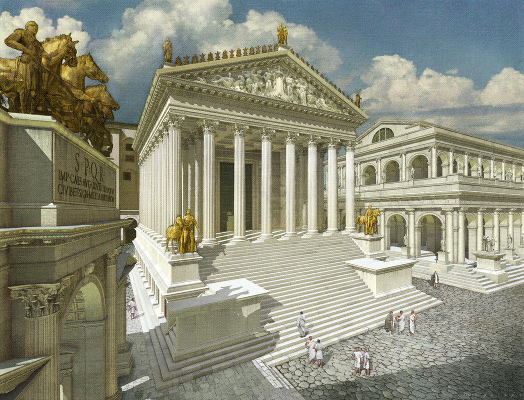 An imaginative reconstruction placing the viewer in the portico of the Temple of the Divine Julius, looking across the face of the Parthian Arch towards the Temple of Castor and Pollux, three columns of which still stand famously in the Forum. Art by Gil Gorski  #LostRome