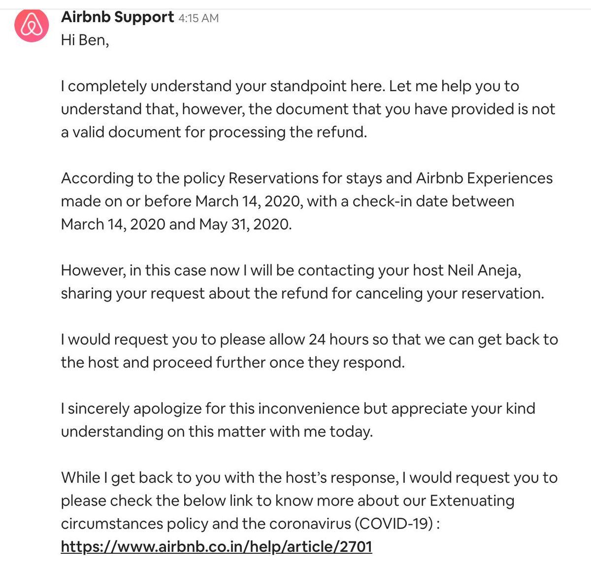 Here is  @Airbnb  @AirbnbHelp response: Official communication from the college canceling our reason for being in town due to COVID-19 is not considered valid.