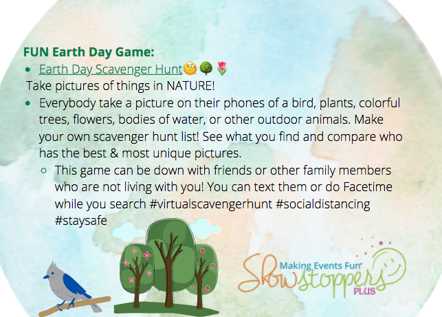 ShowstoppersFun's tweet photo. Happy Earth Day! 🌎Swipe through our slides to find Earth Day Themed FUN activities/games to do with your family! Enjoy!
#earthday #activitiesforkids #games #crafts #baking #earthscience #environmentallyfriendly #virtualscavengerhunt #staysafe #makeitfun #nj #showstoppersplus https://t.co/mHPJlxzOfX