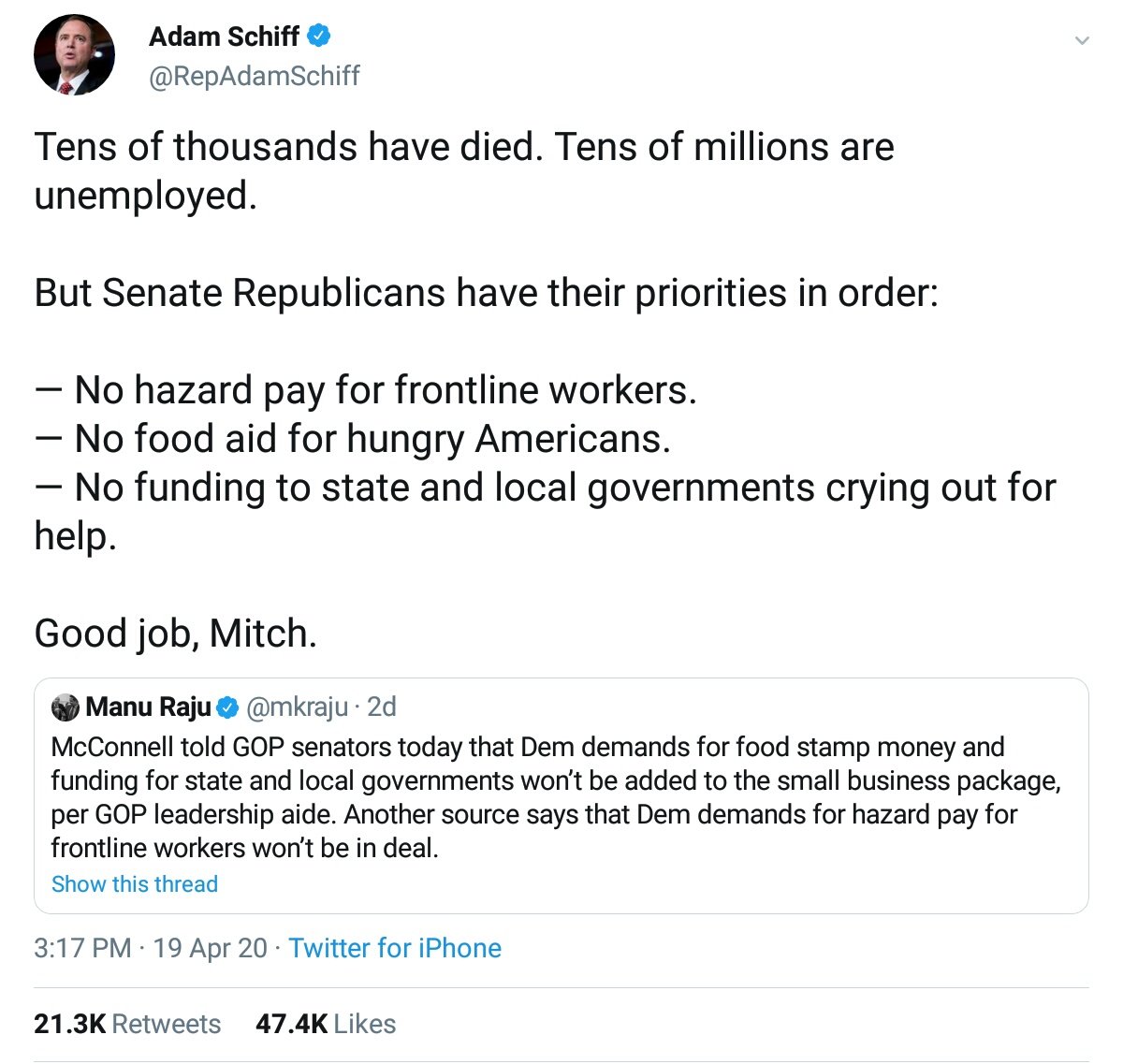 - Is your rent/mortage protected?- Are you getting enough paid leave/money to quarantine?- Do you have medical coverage, esp if you lose your job?Do you pay taxes? Do you vote for Democrats or Mitch? WHO HAS THE HOUSE? Doing nothing while pointing fingers is unacceptable.