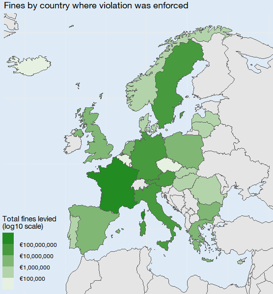 sctyner's tweet photo. Since I helped choose the #TidyTuesday data this week, I wanted to post some code! (Better late than never?) Trying out @carbon_app for the first time, too. @tidypod 

Image: Map of total GDPR fines levied by country.  
Data: https://t.co/KcfU1LjBIJ https://t.co/eEHIKLJzmr