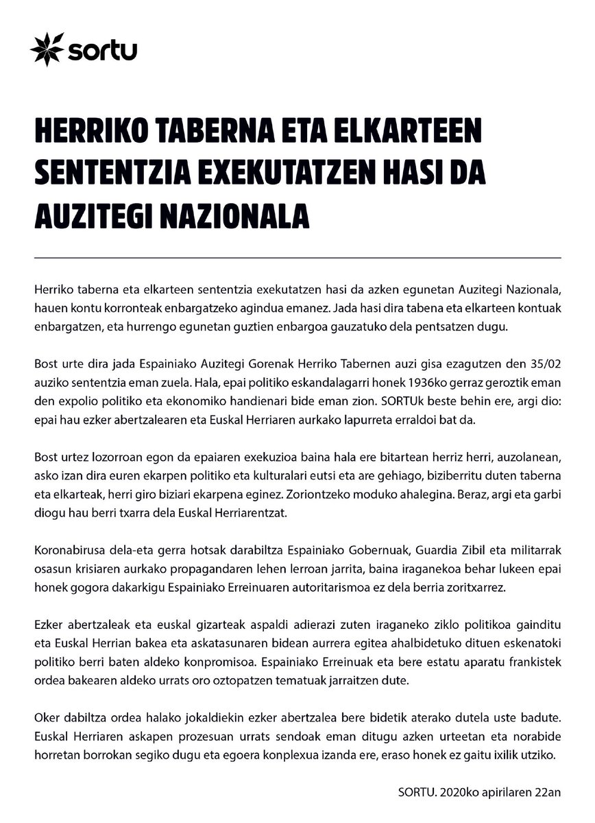 sortuEH's tweet photo. [OHARRA]

Herriko taberna eta elkarteen sententzia exekutatzen hasi da Auzitegi Nazionala, kontuak enbargatuz.

Ezker abertzalearen eta Euskal Herriaren aurkako lapurreta erraldoia da epai hau.

#HerriariLapurretarikEZ https://t.co/HqjXHKrZxu