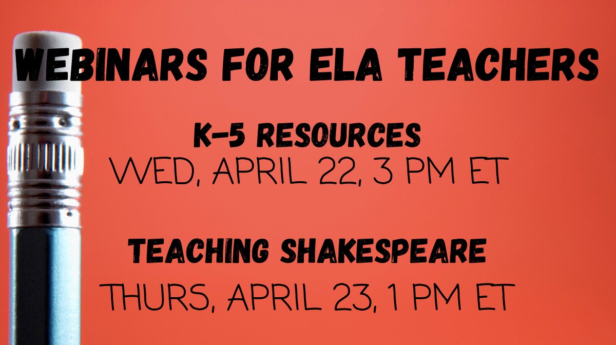 CALLING ENGLISH/LANGUAGE ARTS TEACHERS! Join us for two upcoming webinars this week on how to access free, high-quality digital resources for teaching ELA.

K-5 registration: bit.ly/3cBOIvA
Shakespeare registration: bit.ly/3bxnNRE
#KeepGALearning