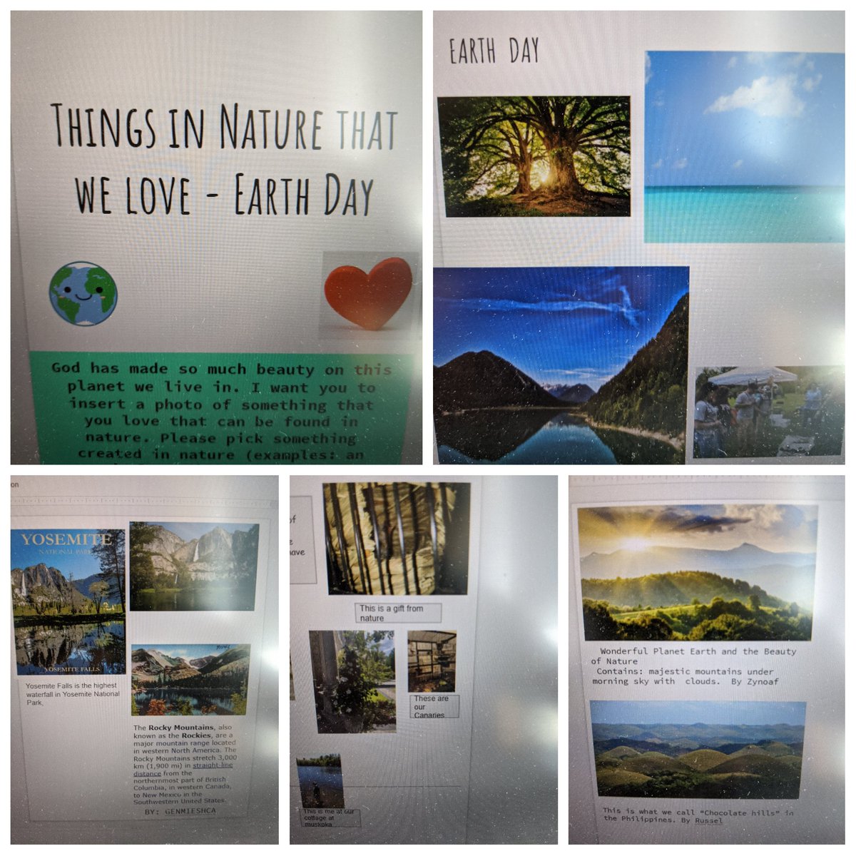 MrRasquinha's tweet photo. I love the work my students did on a collaborative Google Slides! They shared the things they love in nature that God has given us (e.g. landscapes, animals, trees, etc.). #HappyEarthDay2020 #EarthDay #50thEarthDay #Collaboration #DistanceLearning #ConnectingStudents https://t.co/G4V8diwBNX