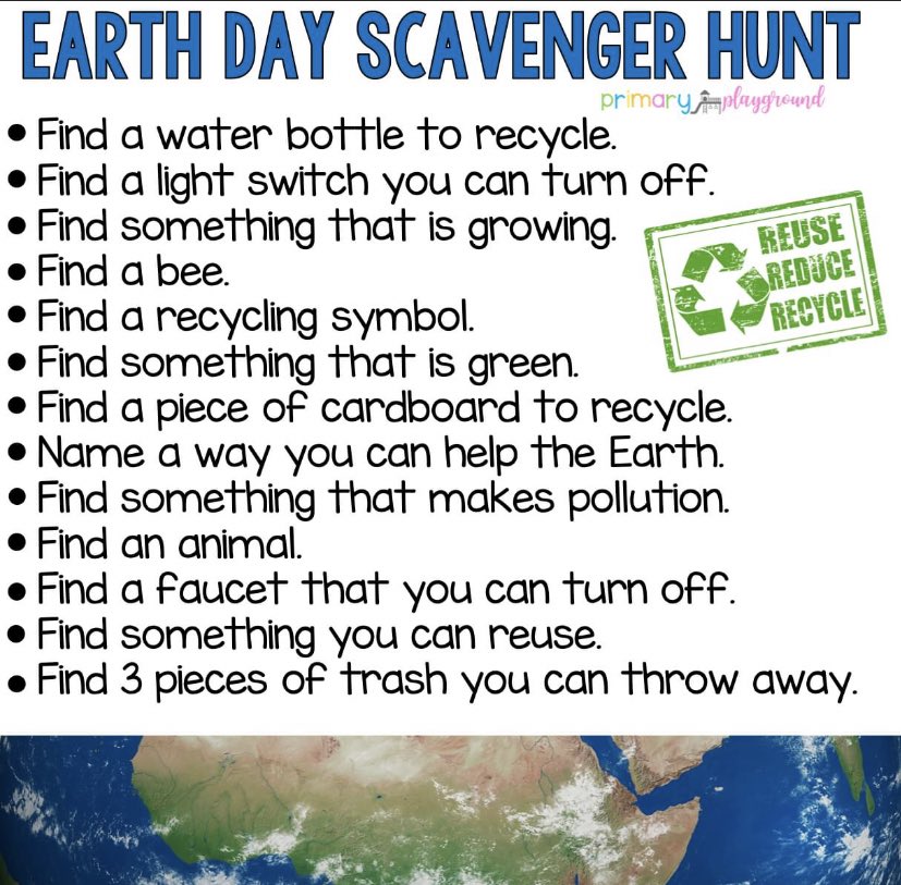 SpringfieldES1's tweet image. “No job is too big, and no action too small, the care of our Earth is a job for us all!” — unknown
🌍♻️Happy Earth Day! 🌍 ♻️
Here is a fun Earth Day scavenger hunt for the students to complete today. Don’t forget to share your pictures with us! #bestschoolinamerica
