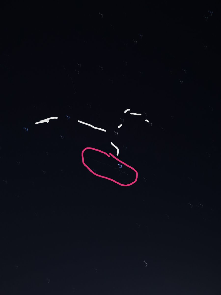 RachelCowie97's tweet photo. @VirtualAstro The white lines show the Leo constellation and in the pink circle was one of the satellites, that's the track they were all taking! https://t.co/EF0F067FWd