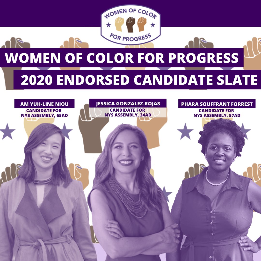WoC4Progress's tweet image. 🚨We are so happy to announce our first wave of endorsed candidates for 2020: @phara4assembly, @yuhline, and @votejgr 🚨

These women are progressive leaders, with strong plans for the future of our communities. Stay tuned for upcoming virtual events!
