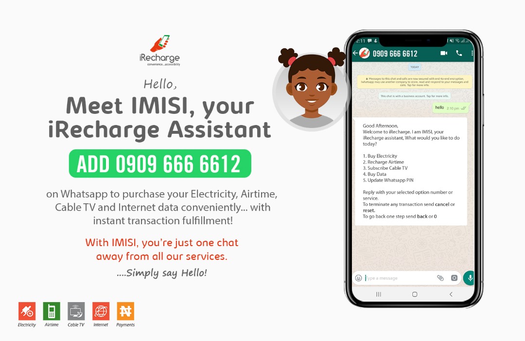 iRecharge remains the best payment  option for my bills, It’s simple and convinience, all you have to do is to click on bit.ly/3aQKi3Z and say HELLO!
#electricity #Airtime #data #Tvsubscription
Customer Care call: 08149906336 , whatsapp: 09030009930
#PayBillsOnWhatsapp