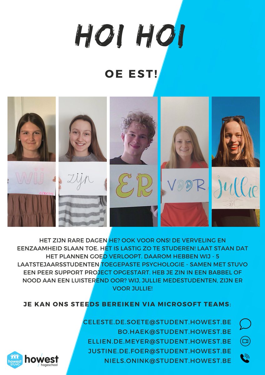 howestprog's tweet image. Hoi hoi, oe est!
Studenten staan klaar voor hun medestudenten!
Nood aan een babbel of een luisterend oor?
Neem gerust contact.
Een schitterend initiatief van deze 5 studenten, dikke pluim!
#Howest #care #studentenhelpenstudenten