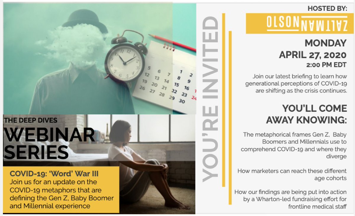 lzaltman's tweet photo. Hope you can join @olsonzaltman's upcoming webinar on #GenZ, #Millennials and #boomers metaphor frames around #Covid-19 behaviors and attitudes. Register her: https://t.co/Enj5Q8lk5s https://t.co/c0ZjsPAQDR