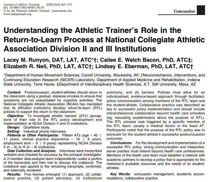 JAT_NATA's tweet photo. In the new issue from Dr. Lacey Runyon and colleagues: Understanding the Athletic Trainer’s Role in the Return-to Learn Process at National Collegiate Athletic Association Division II and III Institutions.
Link: https://t.co/b1YzQMLKOX
Author Interview: https://t.co/O3699AcWqu https://t.co/S1g2ZetGTu