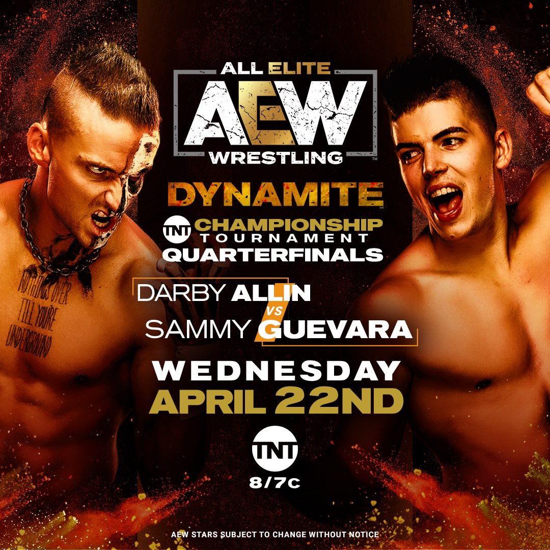 QTMarshall's tweet photo. A huge episode of #AEWDynamite tonight!  8/7C on @AEWonTNT 
The quarterfinals of the TNT Championship Tournament plus @ThisBrodieLee @RealWardlow @KennyOmegamanX all in action and to top it off @orangecassidy vs @JimmyHavoc #ImWithAEW https://t.co/jeuz1gkpp7