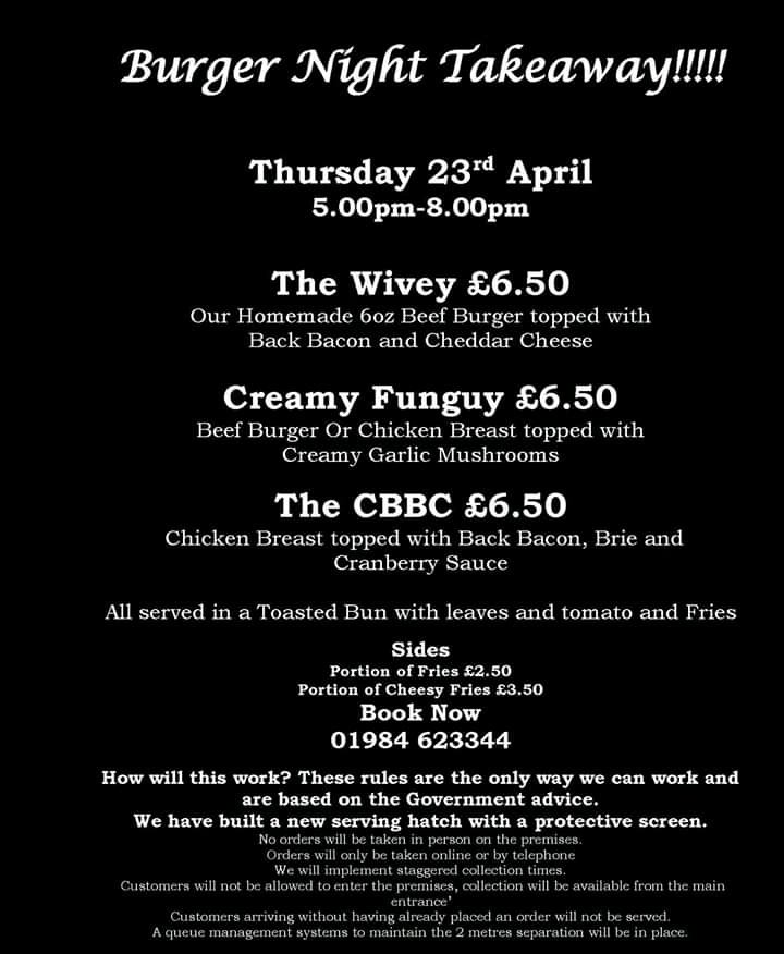 Tomorrow is burger night at the <a href="/WhiteHartWivey/">White Hart Wivey</a> Tel orders at 01984 623344
Pick up at the door in West Street