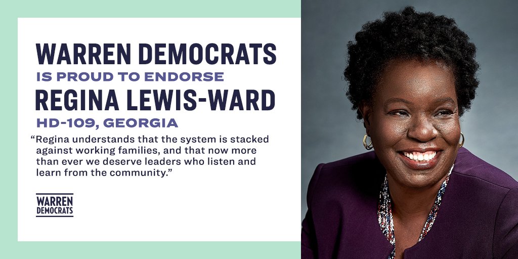 We’re honored to endorse  @ReginaLewisWard to serve as Georgia's next state representative from District 109. The people of District 109 deserve a leader who listens and learns from the community—and Regina will be that leader.