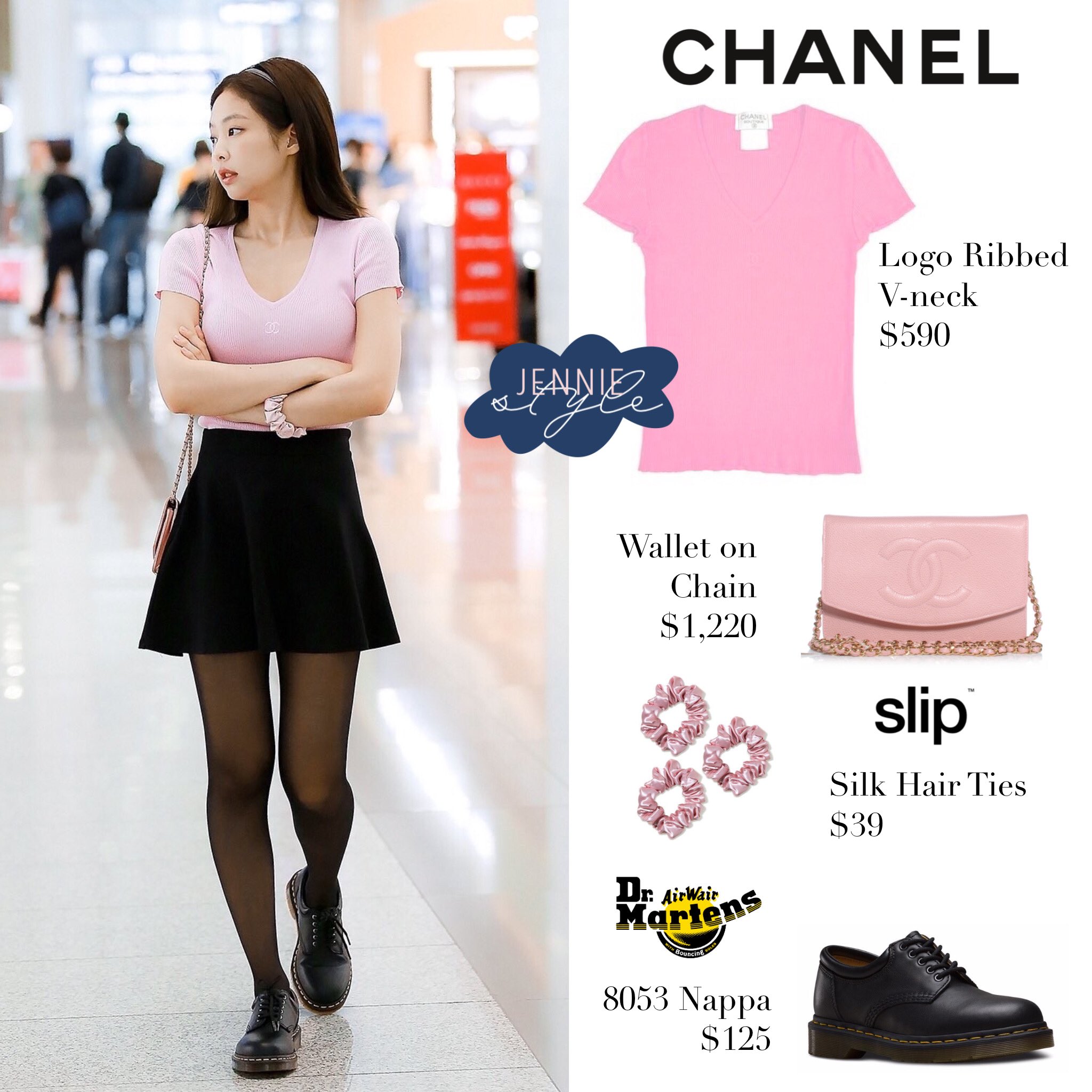 Jennie Style on X: Incheon Airport 190711 CHANEL Logo Ribbed V-neck $590,  Wallet on Chain $1,220 & Dr.Martens 8053 Nappa $125 #jennie #jenniekim # blackpink⁠ #blackpinkfashion #blackpinkstyle #jenniefashion #jenniestyle   / X