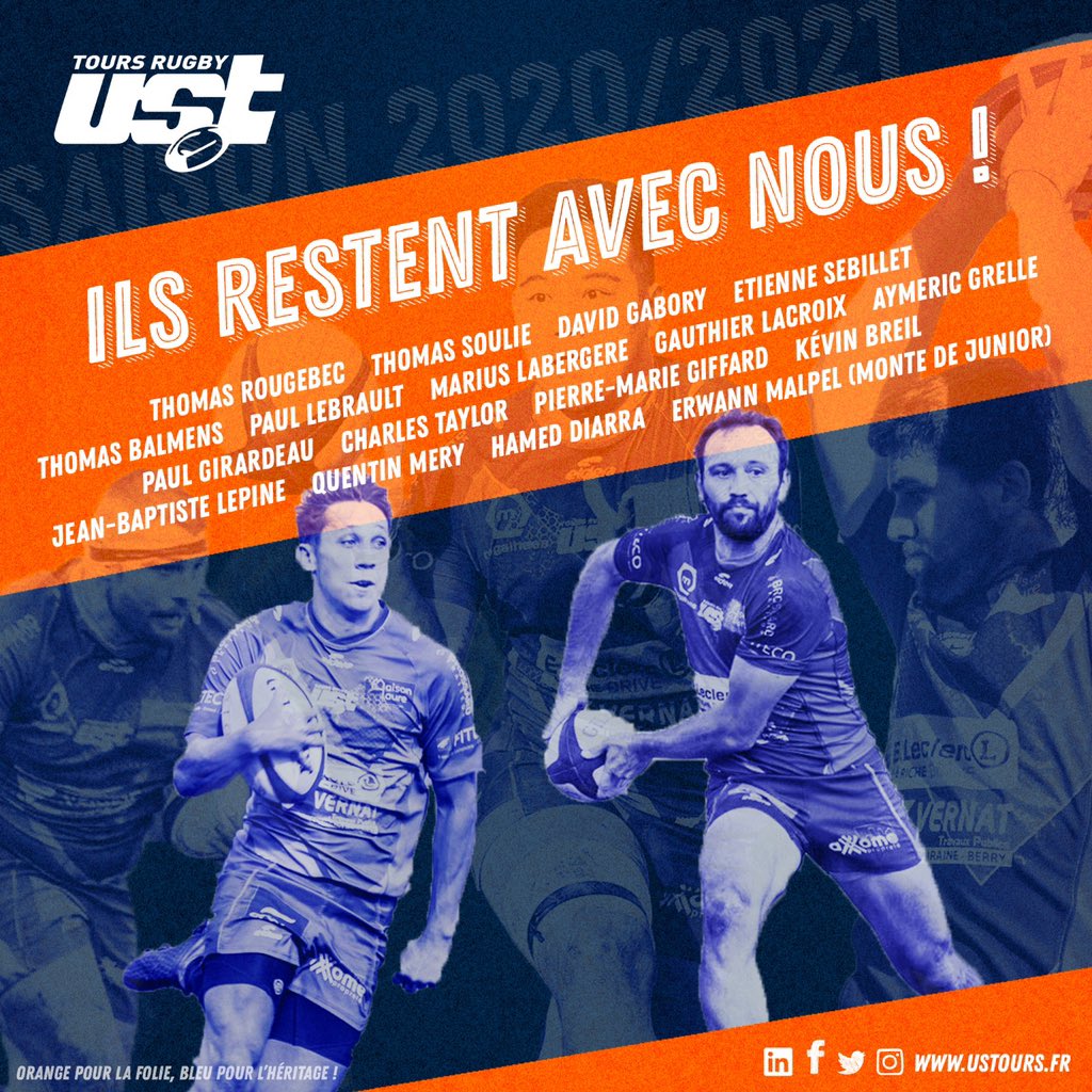 USTours_rugby's tweet image. 🧡 ILS RESTENT AVEC NOUS 💙

L'UST est très heureux d'annoncer les réengagements de nombreux de ses joueurs actuels pour la prochaine saison 🏉 ! 

Nous reviendrons vers vous très bientôt pour pour vous communiquer la suite du recrutement et des re-signatures 😉.