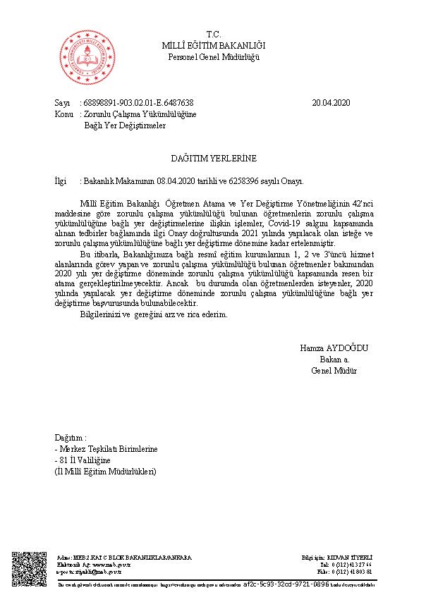 mebpgm's tweet photo. Zorunlu çalışma yükümlülüğü bulunan öğretmenlerin zorunlu çalışma yükümlülüğüne bağlı yer değiştirmelerine ilişkin işlemler 2021 yılında yapılacak olan isteğe ve zorunlu çalışma yükümlülüğüne bağlı yer değiştirme dönemine kadar ertelenmiştir. https://t.co/CHRK5PnkvY